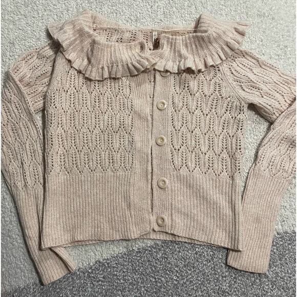 Moth Sweater Women's Medium Crochet Ruffled Boat Neck Wool Blend Cardigan Tan - Picture 2 of 9